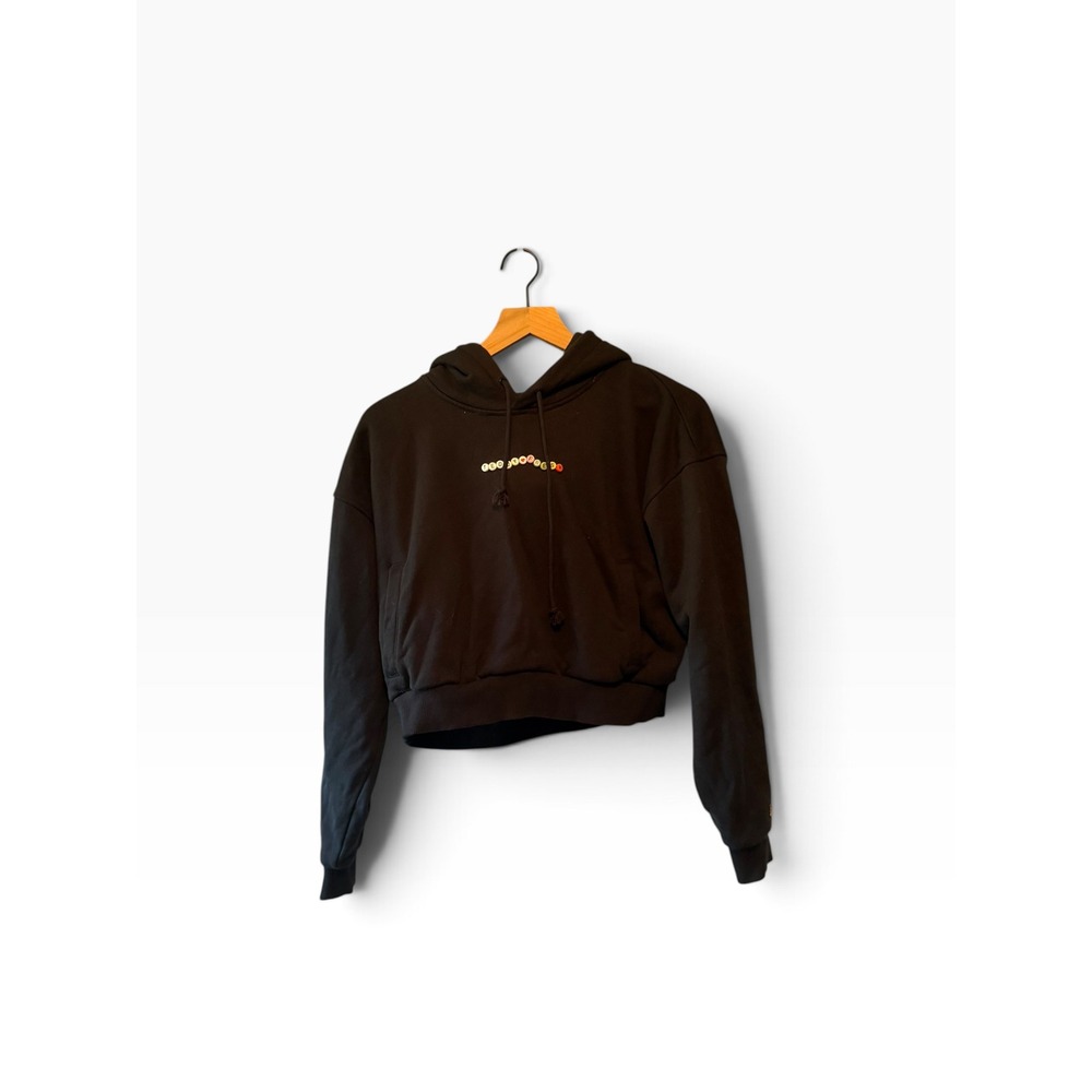 Teddy Fresh Black Cropped Hoodie 3D Bead Logo Cotton Sweatshirt Small